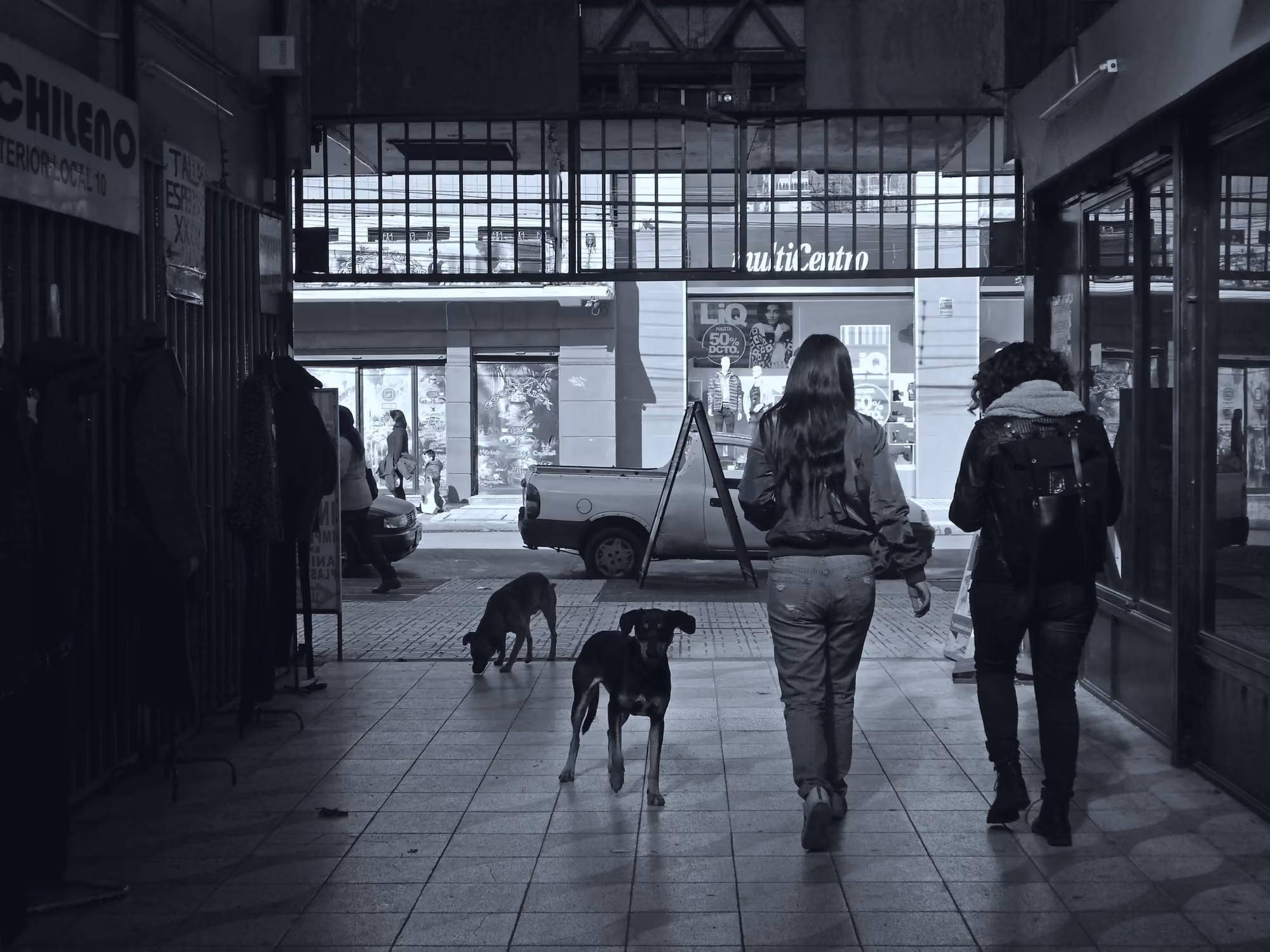 Dos personas caminan con dos perros por una galería comercial de una ciudad regional, en blanco y negro